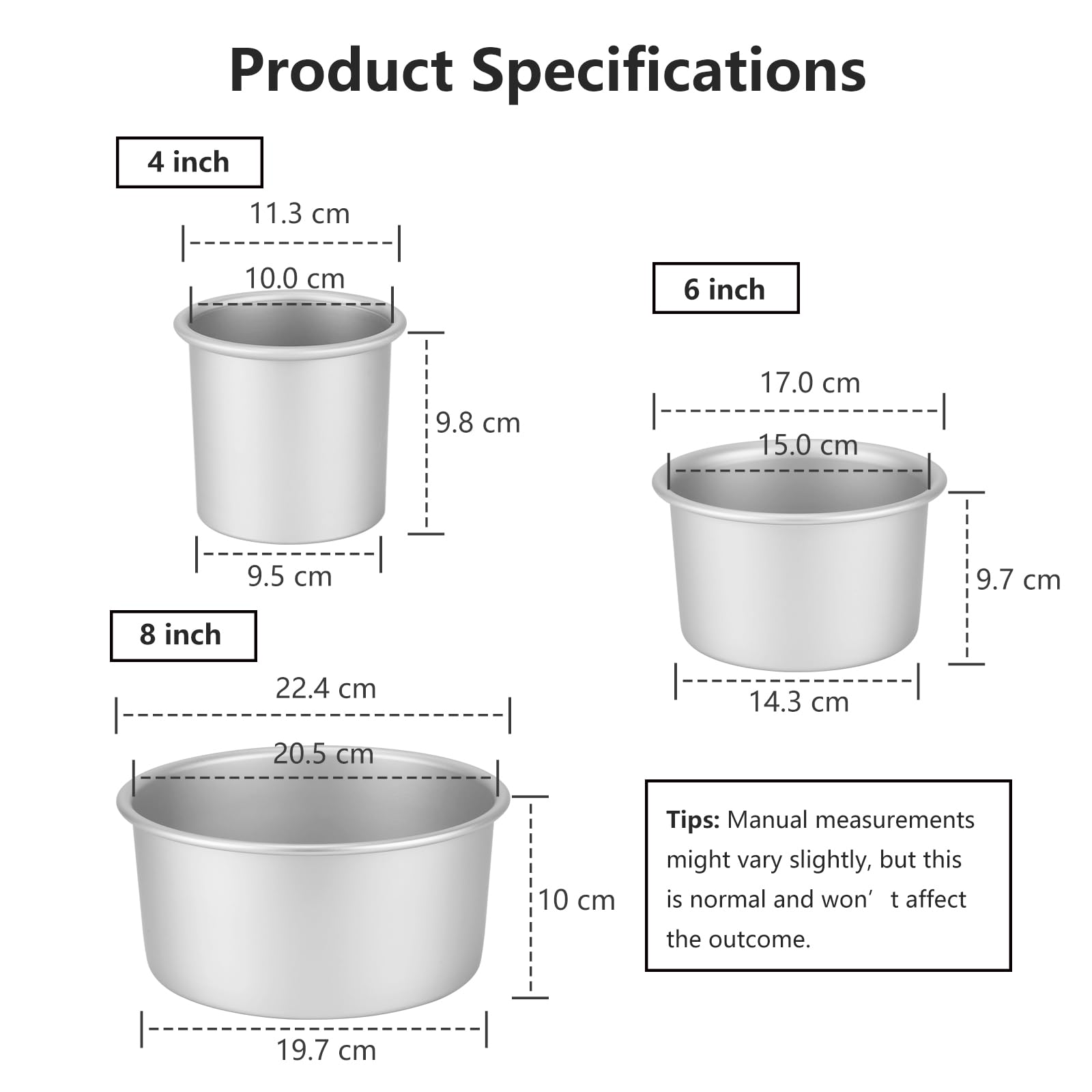 Ensemble de 3 moules à gâteau ronds extra-profonds (Ø 10/15/20 cm), moule a cake‌ professionnel en aluminium anodisé avec fond amovible, argenté