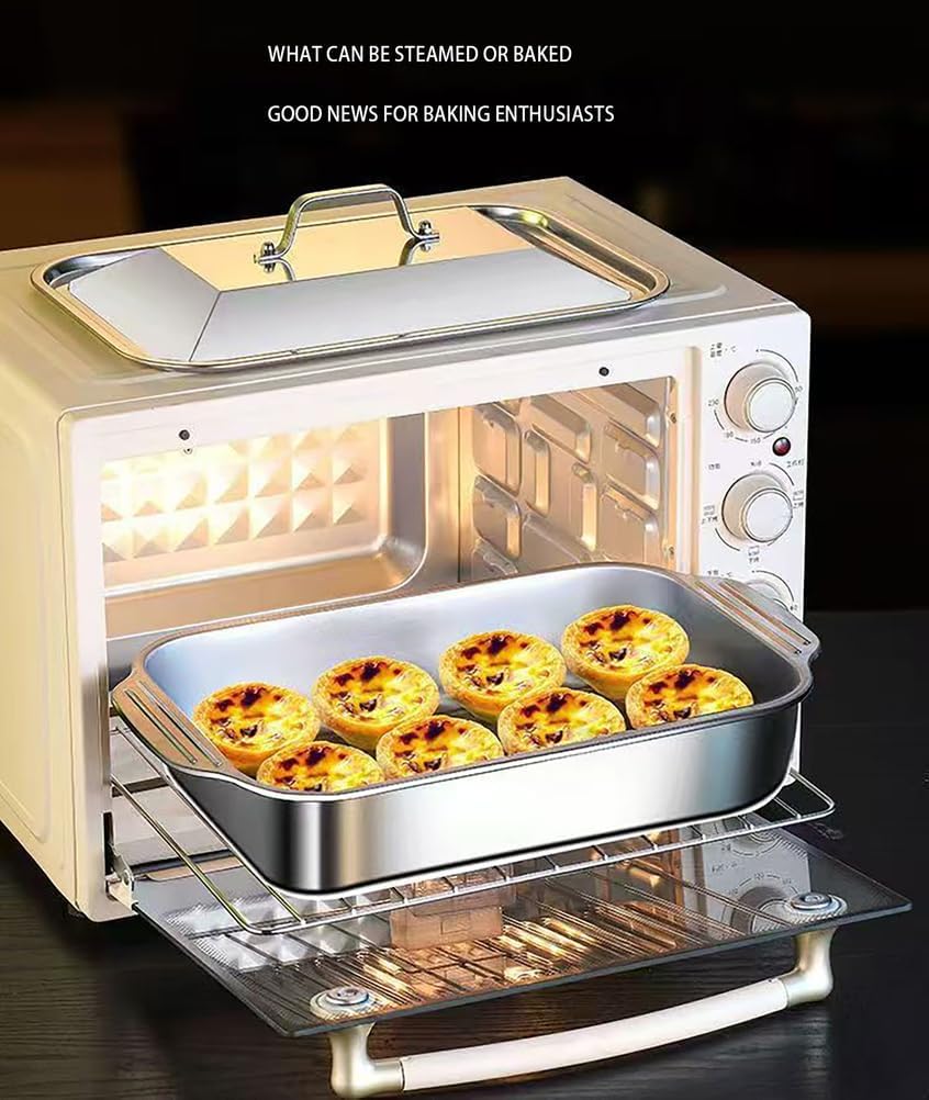 Stainless Steel Rectangular Deep Roasting Paella Pan With Lid,Stainless Steel Skillet Pan With Dual Handles,rying For Fast & Even Heating, For Camping, Parties(Flat Bottom)