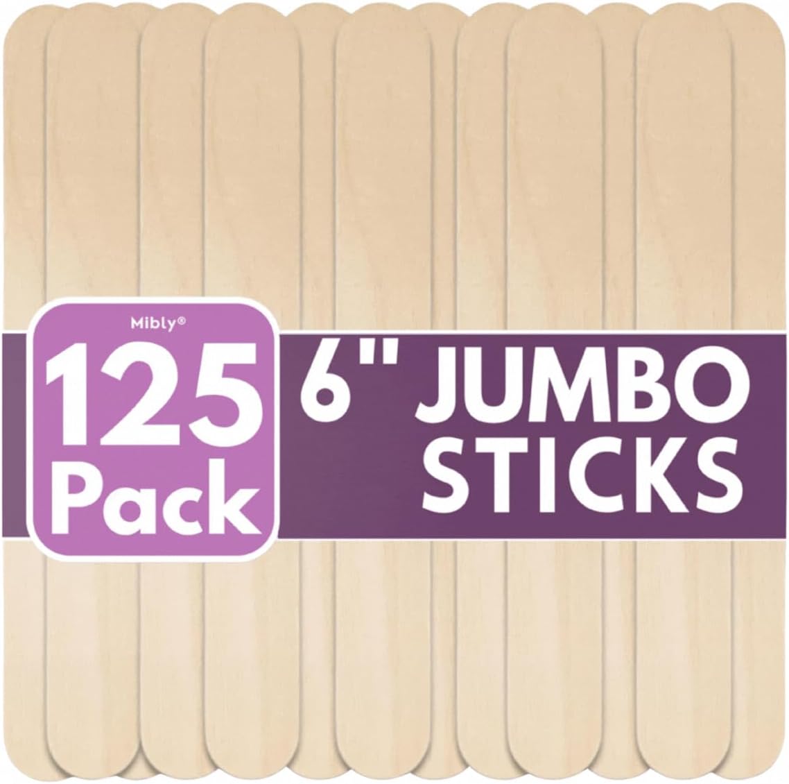 Mibly [125 Count] 6 Inch Jumbo Multipurpose wooden Popsicle sticks, Wood Craft Supplies, Lollipop Lolly Sticks, Wooden Tongue Depressor, Wax Sticks for Waxing, Ice Cream Sticks