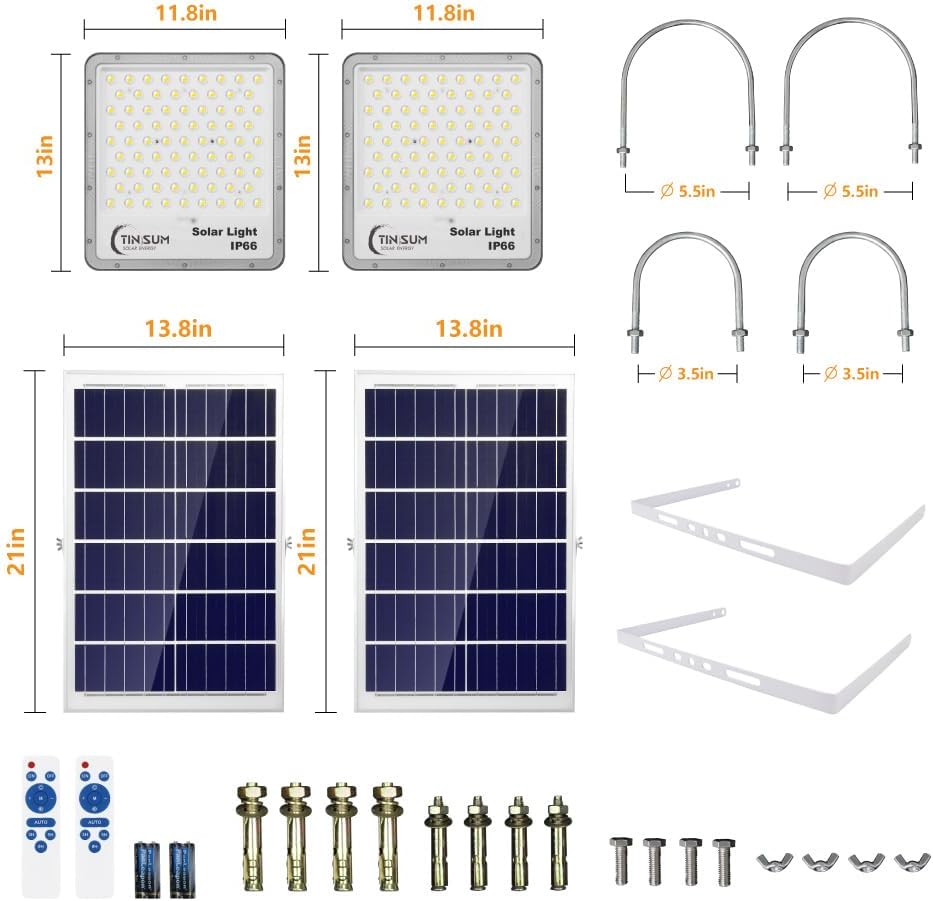 TINSUM Solar Flood Lights Outdoor, 2 Pack 600w Solar Street Light IP67 Waterproof 32000LM White LED Dusk to Dawn Security Commercial Lighting for Parking Lot,Stadium,Patio,Barn,Garage,Pathway