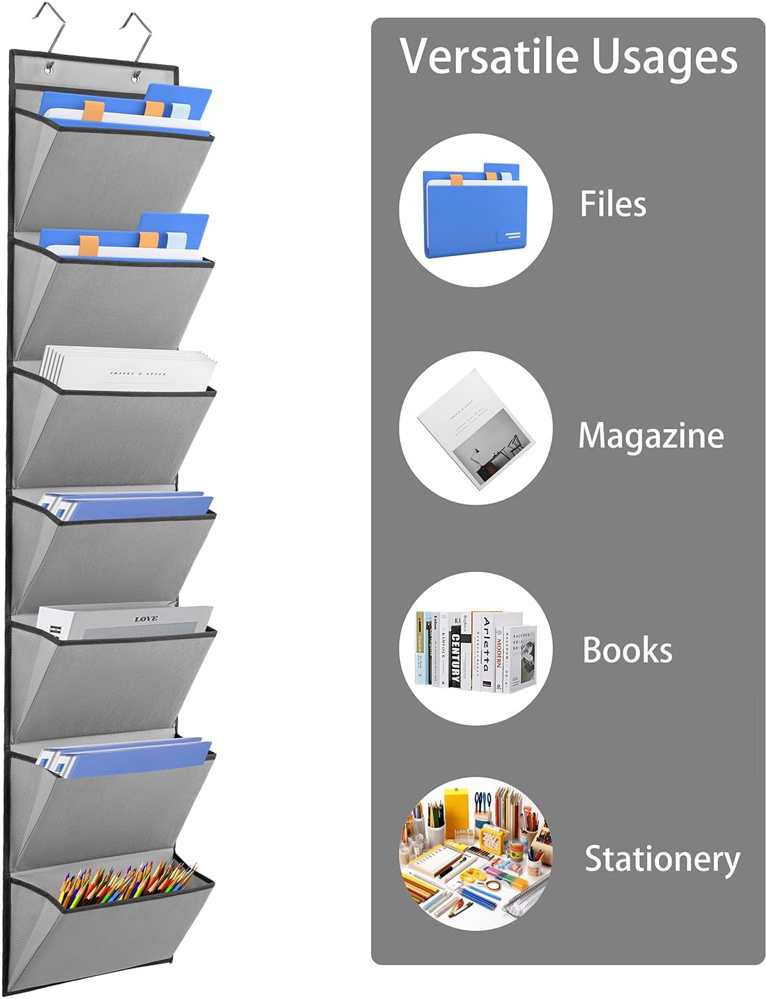 2 Pcs Over the Door File Organizer Back to School Hanging File Holder Classroom Office Organization for Mails Papers Magazines and Books (7 Pockets)