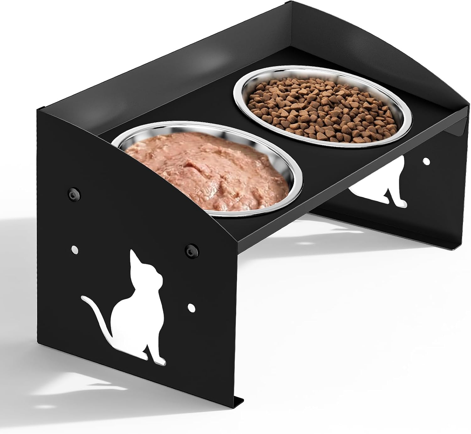 Elevated Cat Bowls with Splash Proof, 12°Tilted No Spill Raised Cat Food Water Bowls Set, Stainless Steel Pets Dishes with Adjustable Cute Metal Stand for Indoor Kitten Puppy, Anti-Vomiting