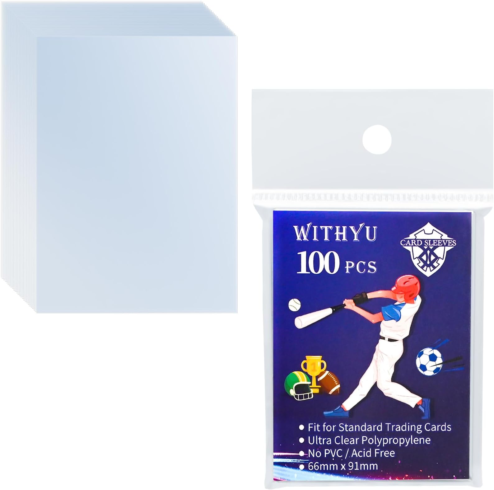 Pack of 100 Ultra-Clear Soft Trading Card Sleeves, Top Loading Card Sleeves for Standard Cards 2.5" X 3.5"，Card Protector for Game Cards, Football, Sports Cards, Mini Photos