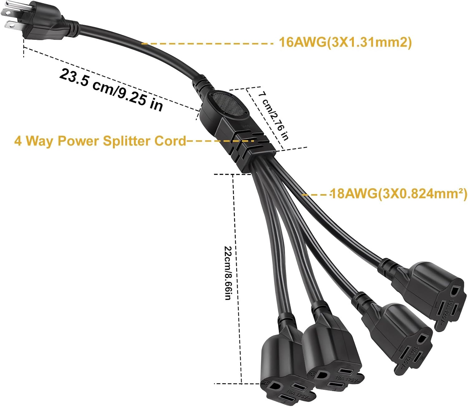 3 Prong Extension Cord 1 to 4 Outlet Power Splitter Indoor Outdoor Plug Saver Power Strip Extender SJT 16AWG 13A/125V for Computer,Monitor,LED Stage Light,More Appliances (1FT)