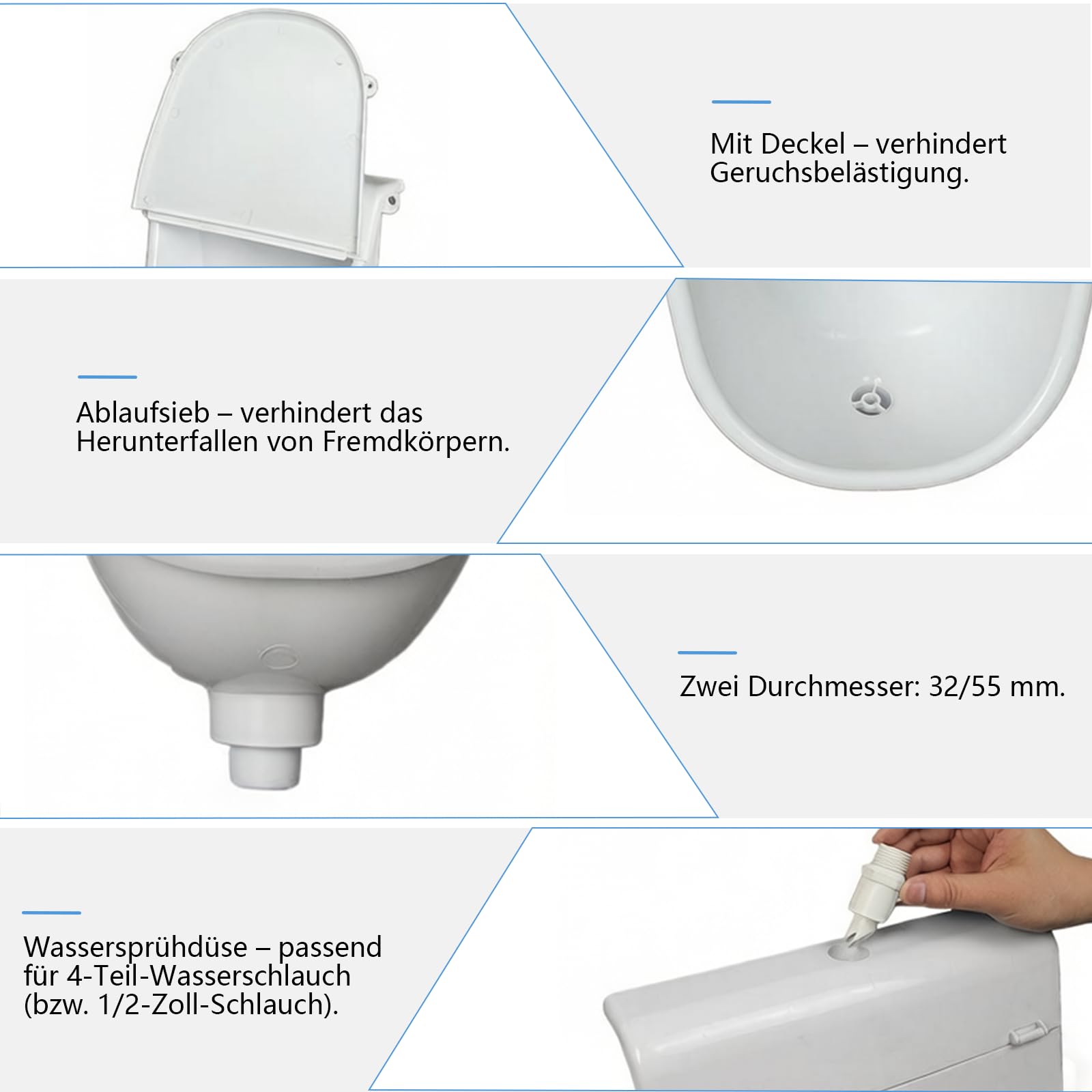 Kunststoff Urinal mit Deckel, Wandpissbecken Ohne Bohren für Herren mit Spritzschutzdeckel,Ablaufschlauch,Spülventil und Spüldüse für Zuhause,Studentenwohnheime,Wohnmobile und den Garten