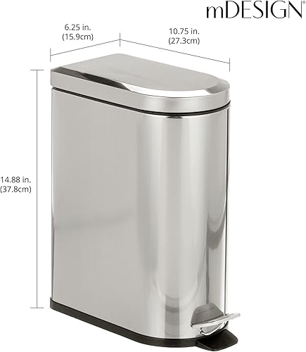 Miniatura 3 de mDesign Cubo de basura pequeño de acero inoxidable de 1.3 galones para baño, dormitorio, oficina en casa, cubo de basura en forma de D con pedal de