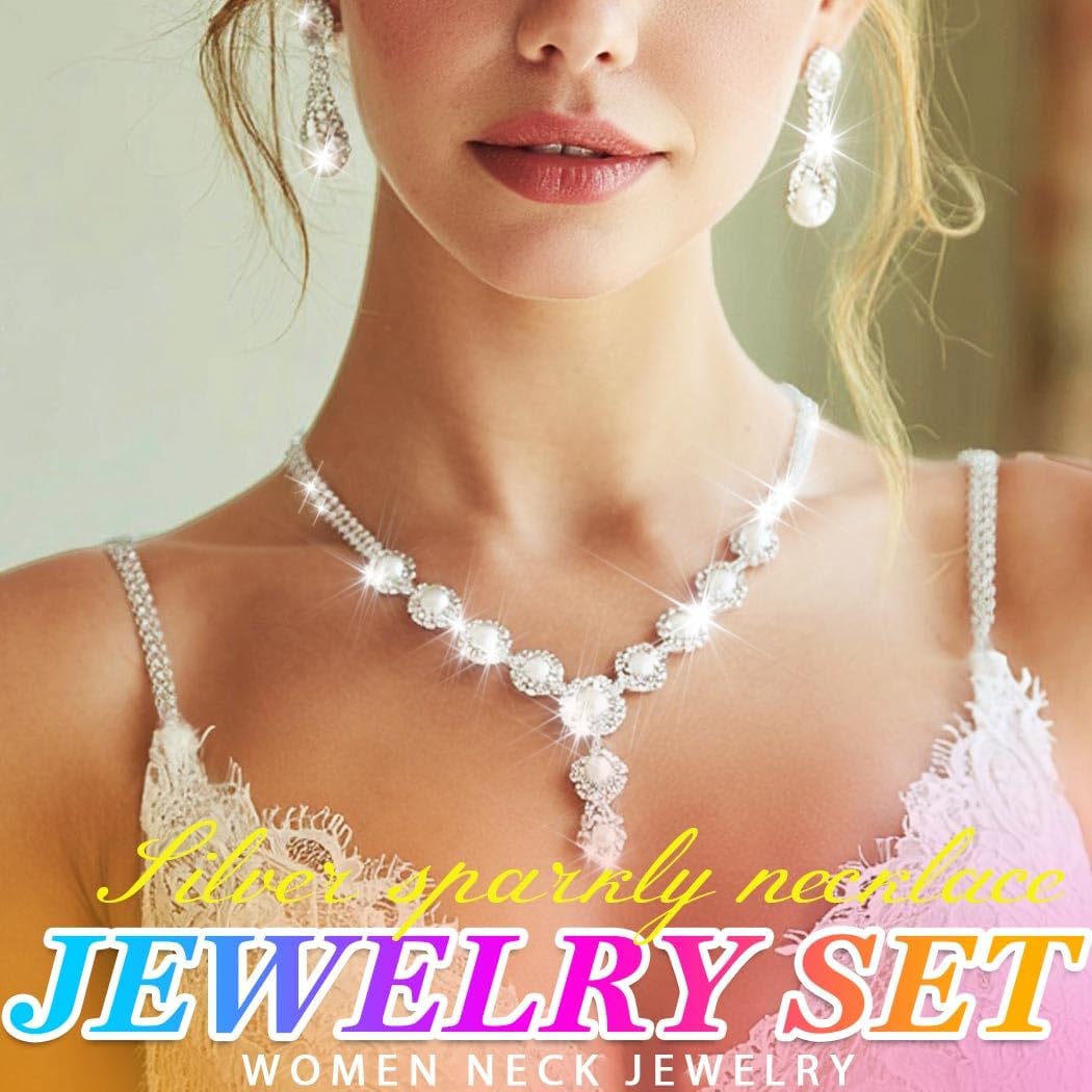 Nicute Pearl Jewelry Set Sparkly Rhinestone Necklace Earrings Sets Prom Costume Bridal Jewelry Set for Women - Image 6
