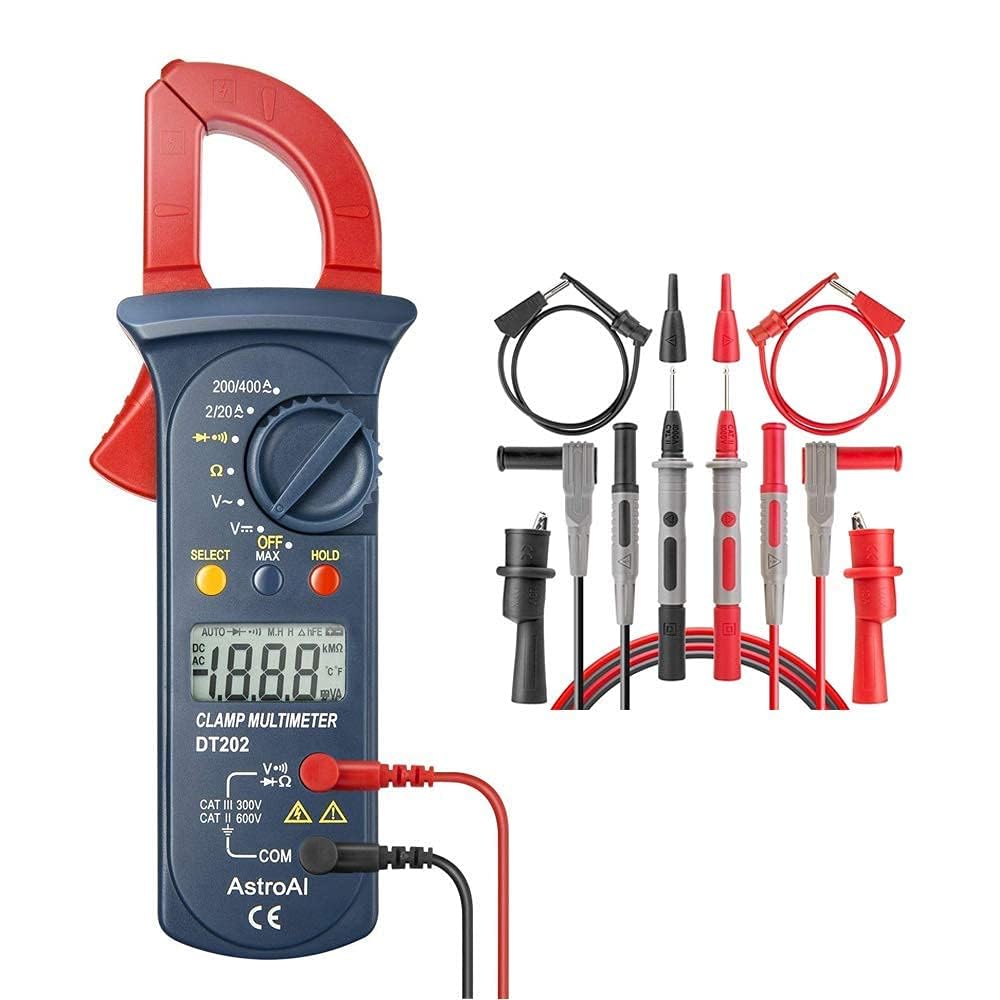 AstroAI Digital Clamp Meter 2000 Counts + AstroAI 8Pcs Multimeter Test Leads Set with Alligator Clips