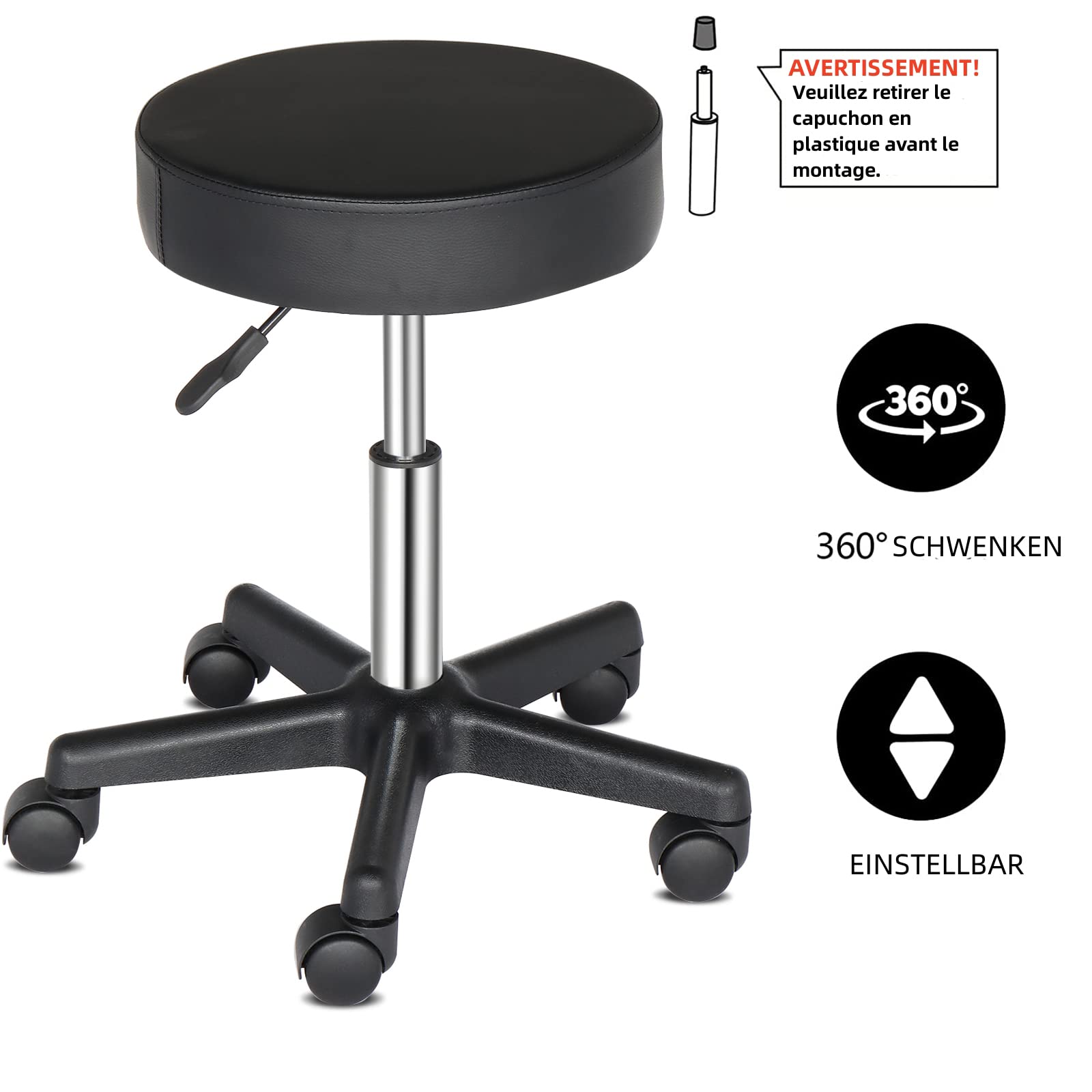 Tabouret de Bureau, Tabouret à roulettes avec Rotation 360°, pour Salon de Massage, Bureau, Clinique (1, Noir)