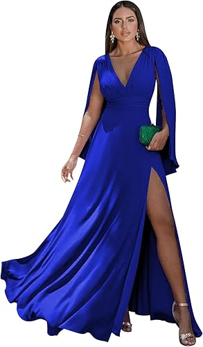 Kissey Prom Vestido de dama de honor de manga larga con cuello en V vestido formal de gasa fruncido con abertura