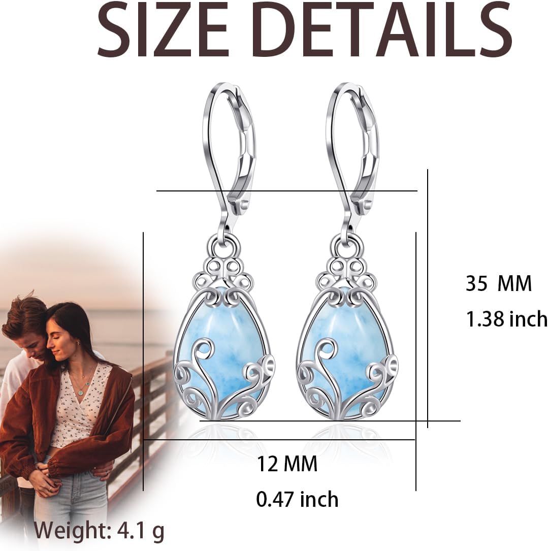 Larimar/Moss Agate/Black Onxy/Tree Moonstone/Turquoise Earrings for Women Filigree Leverback Dangle Drop Earrings for Women - Image 3