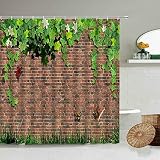 Retro alte Steinwand Duschvorhang grün Blume Weingarten Naturlandschaft rustikal rustikale Scheune Badezimmervorhang S.6 90x180cm