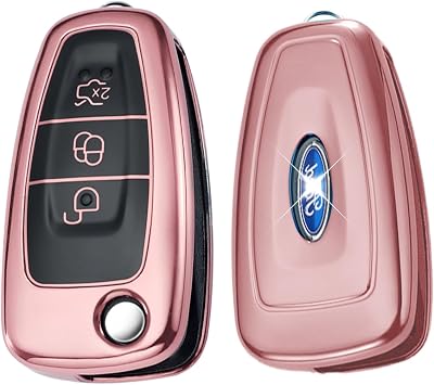 Car Key Cover Compatible with Ford Key Fob Cover-3Btn Pink | Soft TPU Silicone, Fit for Ford Focus Fiesta Kuga Mondeo B-Max C-Max S-Max Galaxy Transit Tourneo Custom Key Cover, 3 Buttons