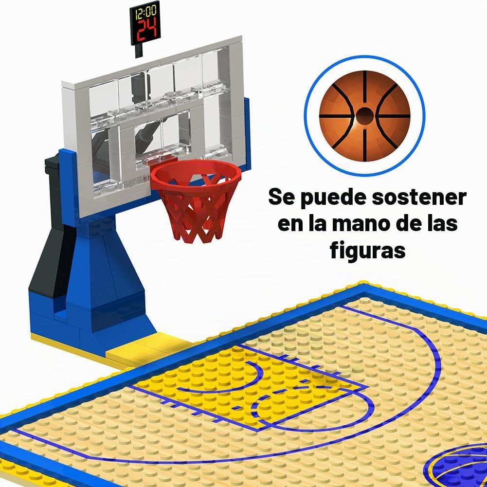 Bloques de Construcción Creativos - Cancha de Baloncesto placa base y 2 sets Canasta Baloncesto con Soporte Ladrillos de partido de baloncesto - Compatible con las principales marcas (Azul)