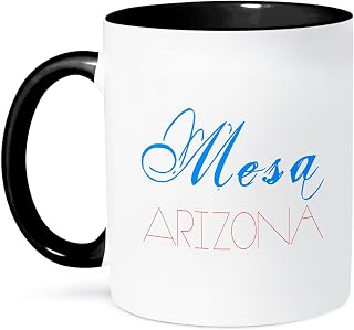 3dRose American Cities - Mesa Arizona, blue, red on white 11oz Two-Tone Black Mug