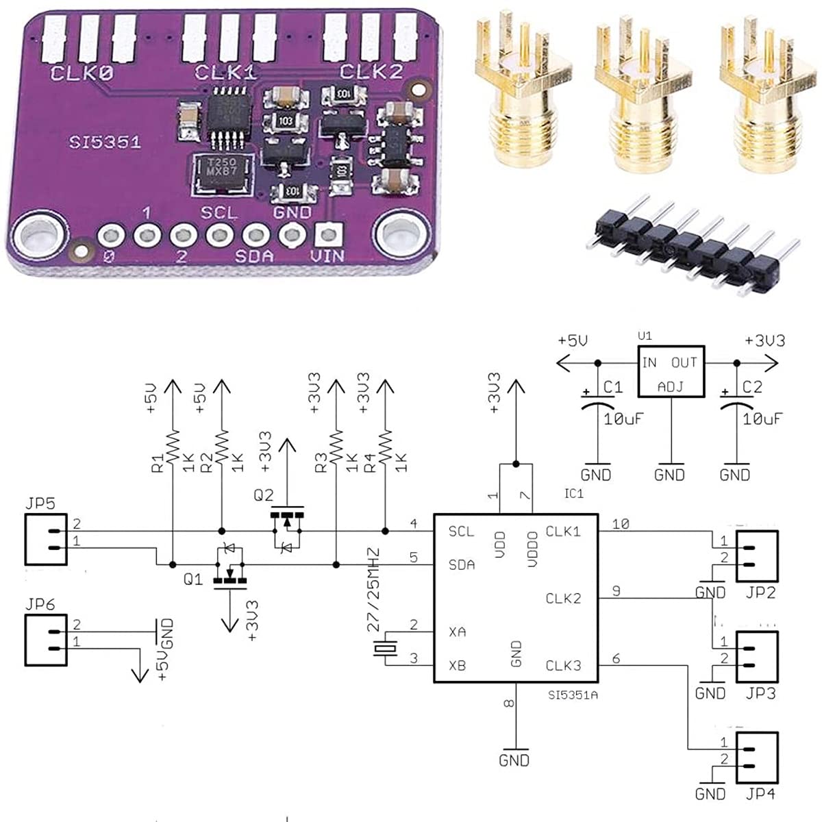 3-5VDC CJMCU-5351 Si5351A clock generator signal generator module I2C 25MHZ controller clock 8KHz to 160MHz with Male and female DuPont cables for per Arduino IDE
