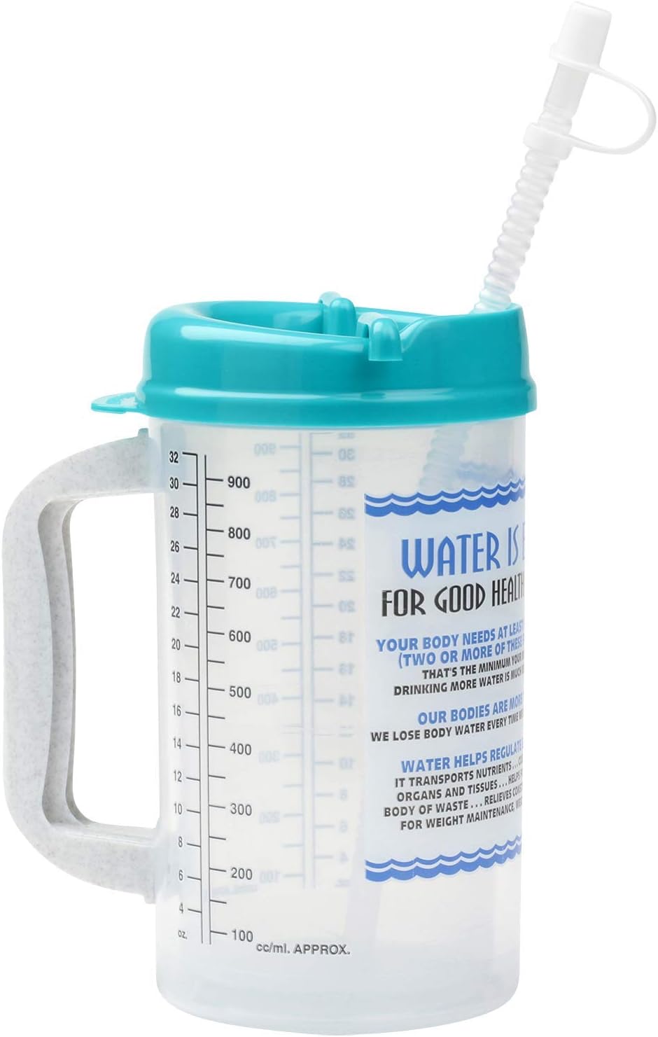 Water Essentials Tracking Hospital Mug for Daily Intake Measuring with Straw, 32 oz Teal Swivel Lid