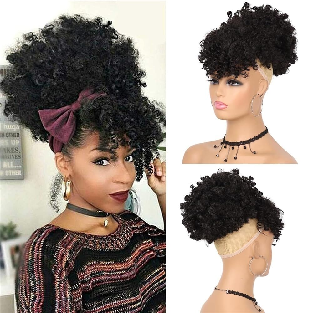 sztuczne włosy kok Syntetyczny krótki, kręcony kucyk ze ściągaczem i grzywką, doczepiany Afro High Puff Hair Bun Hairpiece Akcesoria do włosów(1BTgrey)