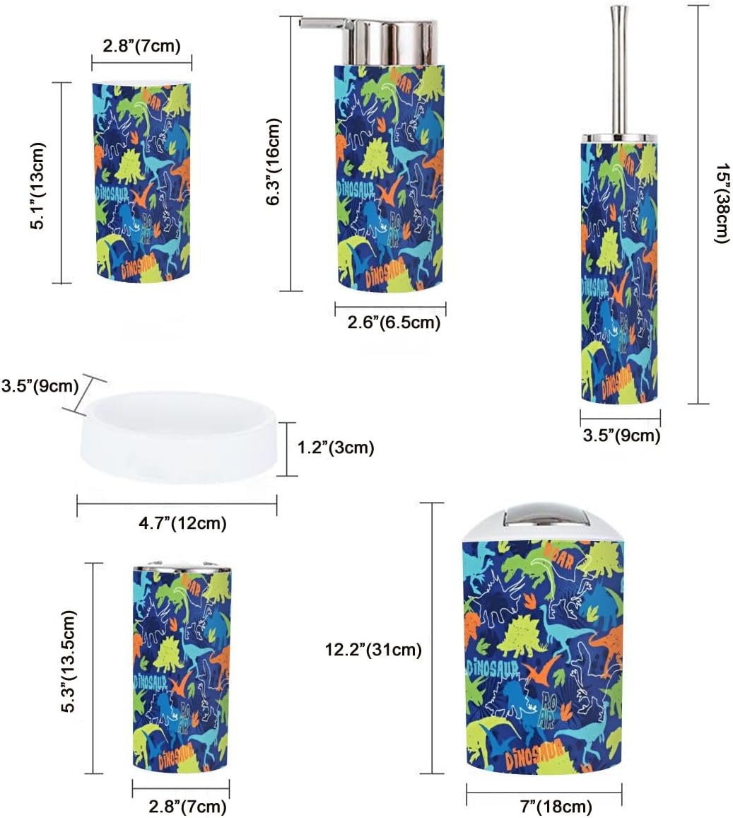 Bathroom Accessory Set 6 Piece Bright Pattern Colorful Dinosaur a Blue a Grunge Print for Toothbrush Holder, Toothbrush Cup, Soap Dispenser, Soap Dish, Toilet Brush Holder, Trash can for Countertop