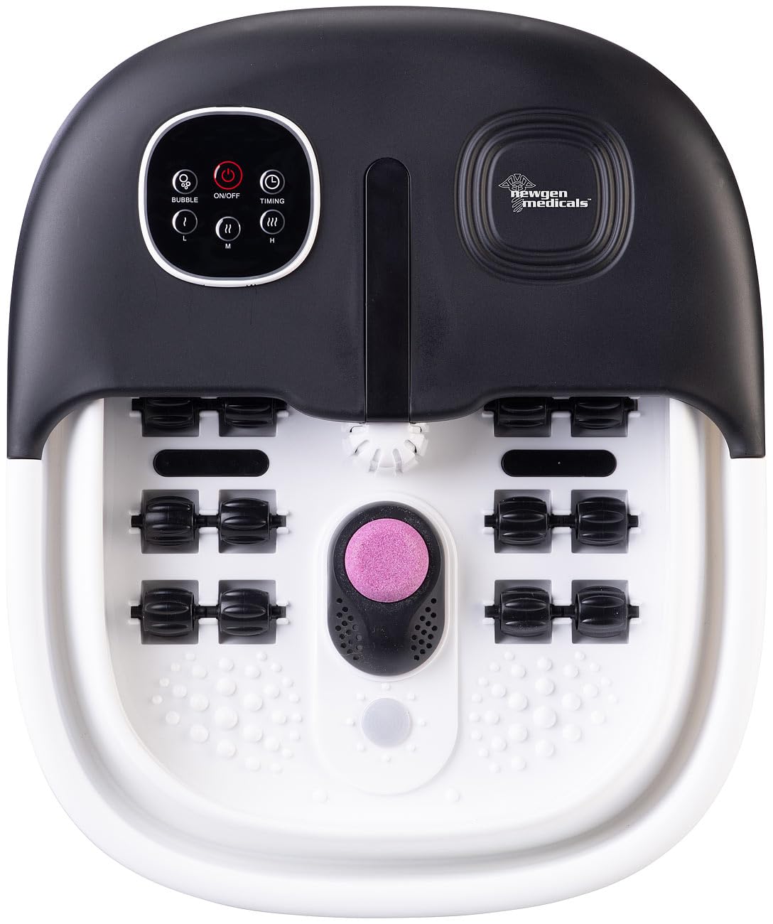 newgen medicals Pediluvio Pieghevole con Massaggio a Bolle d'Aria, 16 Rulli, 3 Livelli di Temperatura, Telecomando, 500 W, Bianco/Grigio Scuro