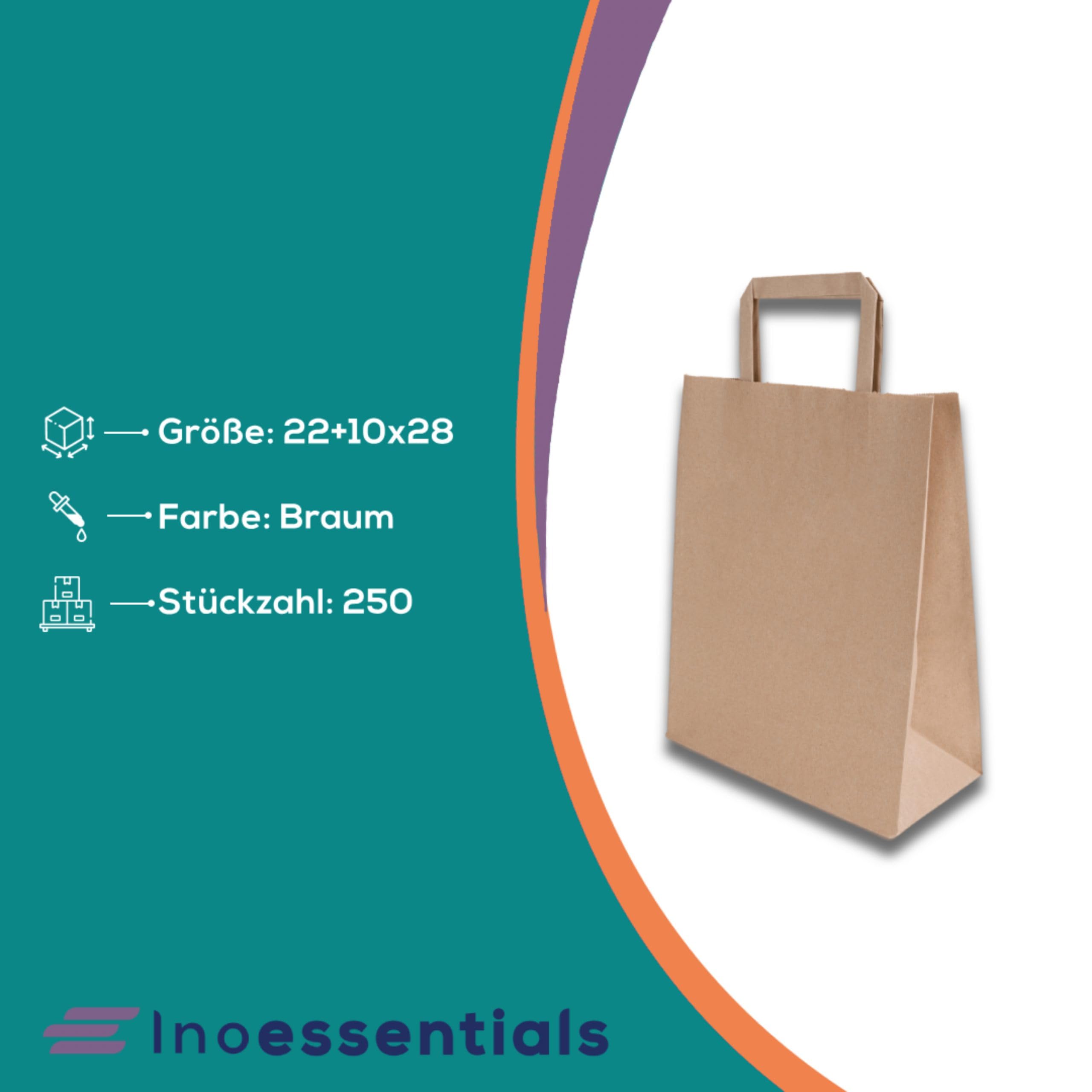 Inoverse Papiertüten mit Henkel 22+10x28 cm, Papiertragetaschen 250 Stück | Papiertüten Klein, Papiertaschen, Kraftpapier Braun, zum Bedrucken, für Einzelhandel und Boutique, Geschenkverpackung