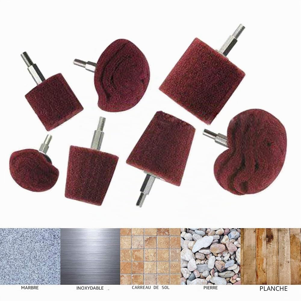 Tête de polissage (brossage) en forme de tampon de récurage - 7 pièces rouges non tissées pour perceuse abrasif avec poignée 1/4 pour collecteurs/aluminium/acier inoxydable/chrome, etc