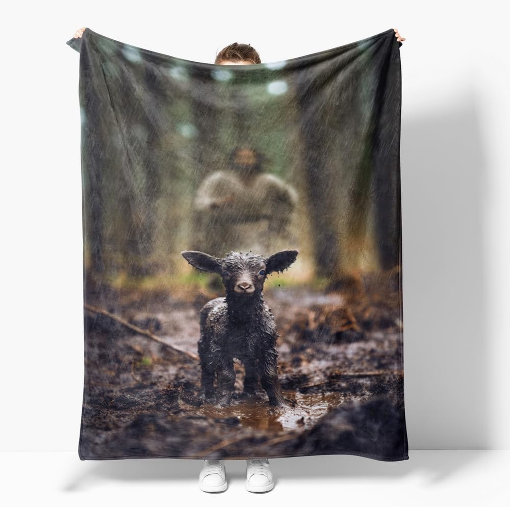 Jesus and Lamb Throw Blankets Christian Blanket Birthday Gifts for Women Men, Faith Blankets Inspirational Scripture Throw Blanket for Couch Sofa Religious Gifts for Women Friends 70"X80"