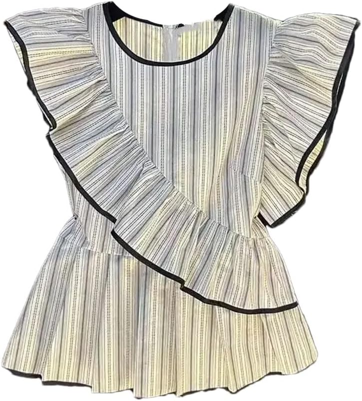Women's Flying Sleeve Round Neck Striped Ruffle Shirt