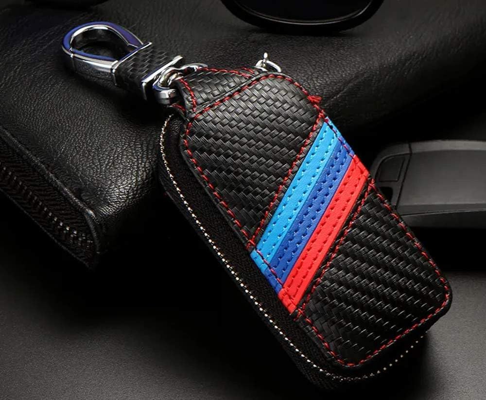 iJDMTOY Iconic 3-Color Stripe Carbon Fiber Pattern Leather Key Holder Cover Wallet Compatible with BMW