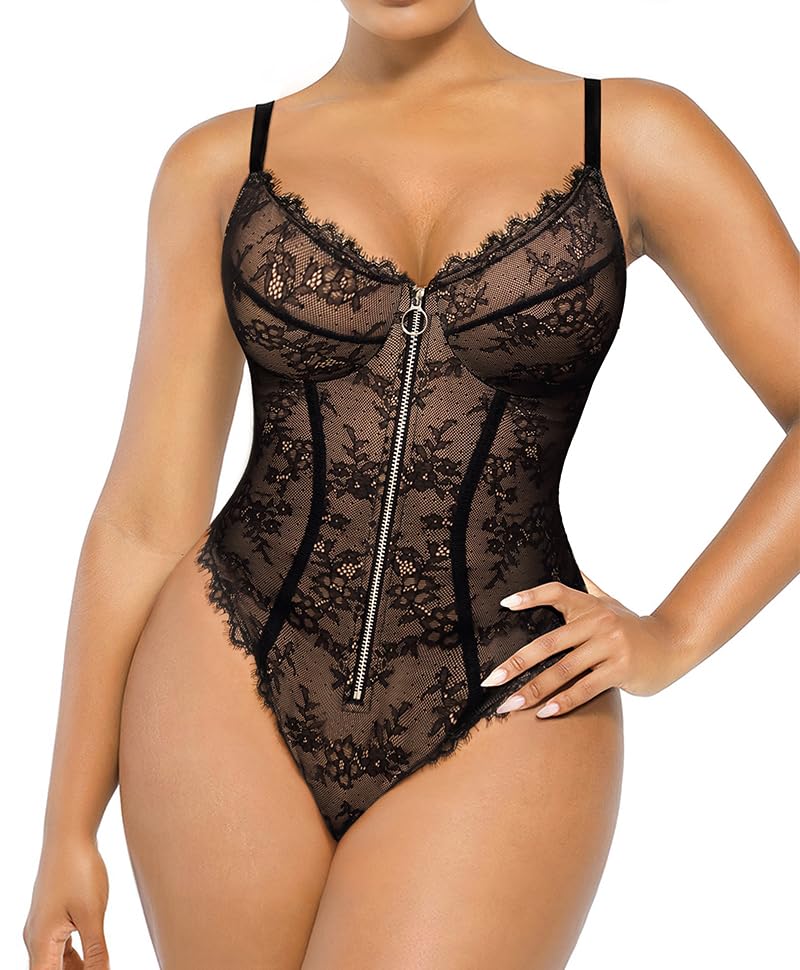 SHAPELLX Lace Bodysuit for Women Tummy Control Shapewear Bodysuit for Women Thong V Neck Sleeveless Backless Body Suit