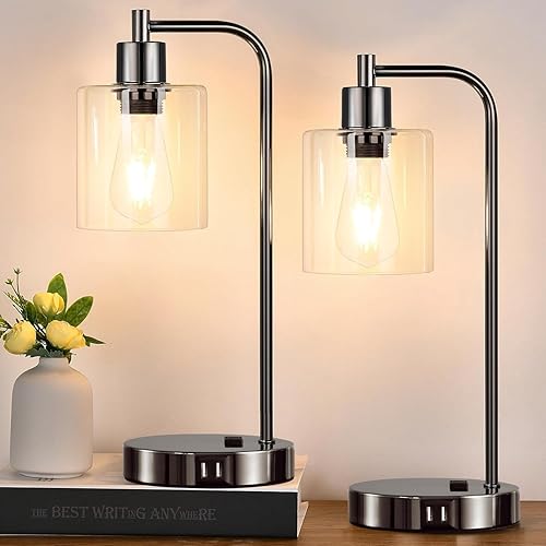 Juego de 2 lámparas de mesa industriales con control táctil, lámparas de noche de níquel negro con 2 puertos USB y salida de CA, lámpara de