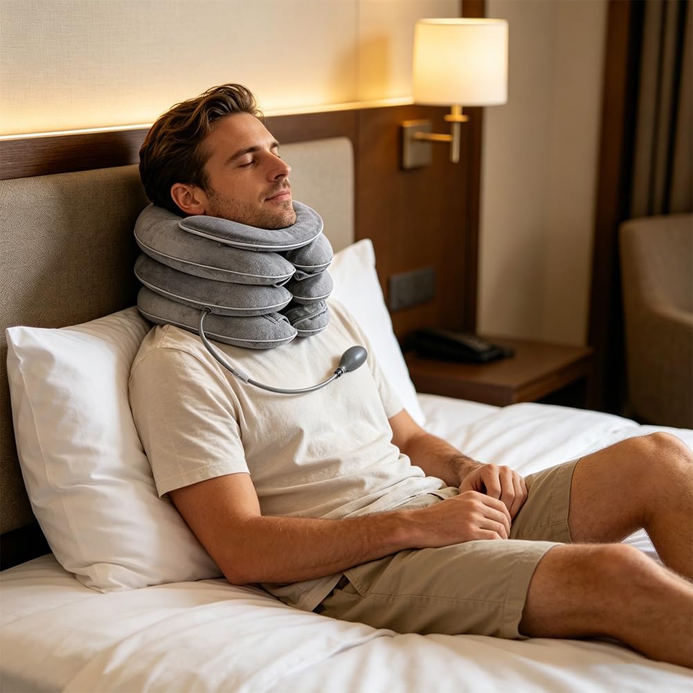 Gonfiabile per la trazione cervicale con design di allungamento a 3 strati e mentoniera, cuscino cervicale per alleviare il dolore, supporto per il collo, per la casa in viaggio (grigio chiaro)