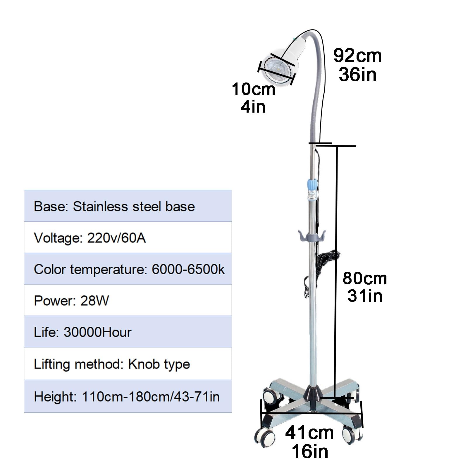 Lampe D'examen LED Chirurgicale sur Pied à roulettes Base Roulante Lampe Flexible à Col de Cygne Lampe sans Ombre
