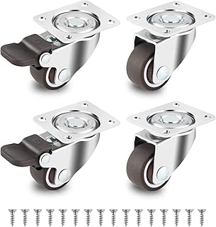 1" Caster Wheels Low Profile Casters Set of 4 Heavy Duty, 360 Degree Rotation Furniture Casters Top Plate Soft Rubber Wheels for Furniture, 100 Lb Total Capacity(2 with Brakes & 2 Without)