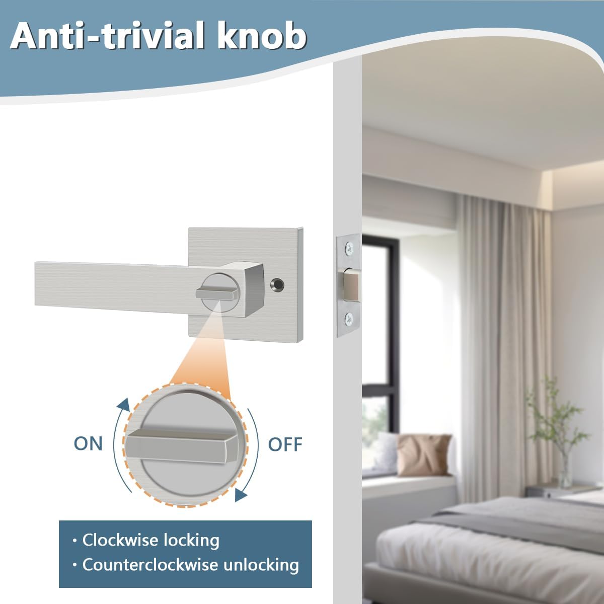 KAMOTA Privacy Door Levers, 2 Pack Satin Nickel Door Handles Bed and Bath Door Locks Interior Keyless Locksets, Left and Right Hand Reversible