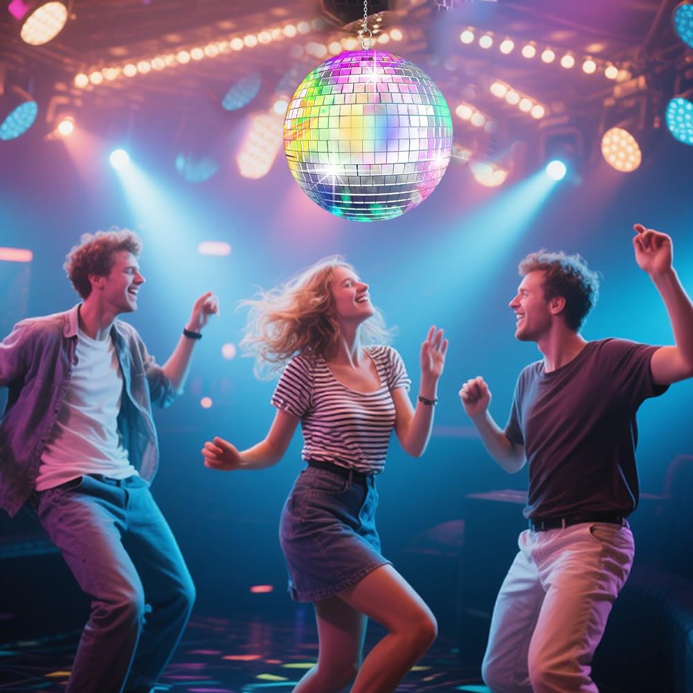Boule à facettes avec moteur rotatif réglable 5/8/10/15 tr/min avec boule à facettes argentées de 15,2 cm, avec 4 lumières colorées et 18 perles LED pour effets de lumière disco