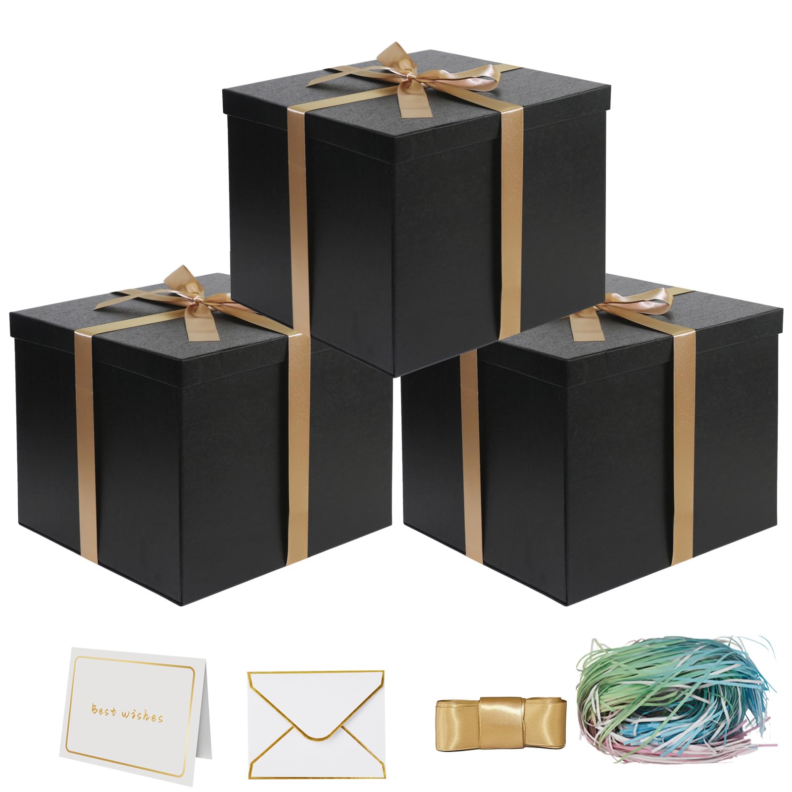 YINUOYOUJIA Große schwarze Geschenkbox mit Deckel, 30,5 x 30,5 x 25,4 cm, 3 Stück | Geburtstagsgeschenkbox, stabile Aufbewahrung, elegantes Partygeschenk für sie/ihn