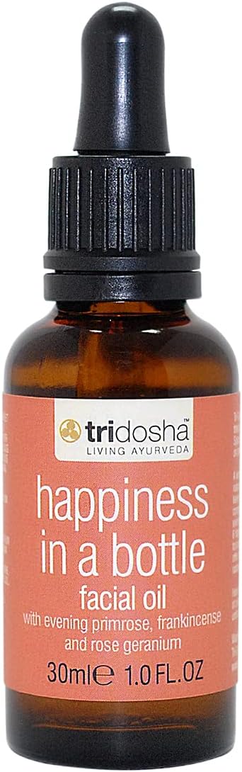 Tri-Dosha Living AyurvedaFacial Oil, Happiness in a Bottle 30ml - Vegan - Deeply Nourish, Smooth & Hydrate Your Face - Primrose, Frankincense, Rose Geranium Essential Oils - All-Natural Ingredients