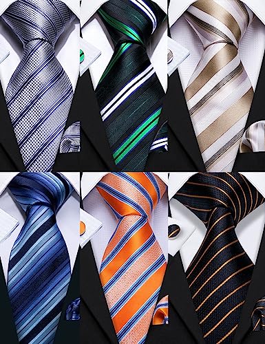 Image of Barry.Wang 6 PCS Men Ties Set Silk Business Fashion Woven Necktie Handkerchief Cufflinks Paisley Stripe Wedding Party