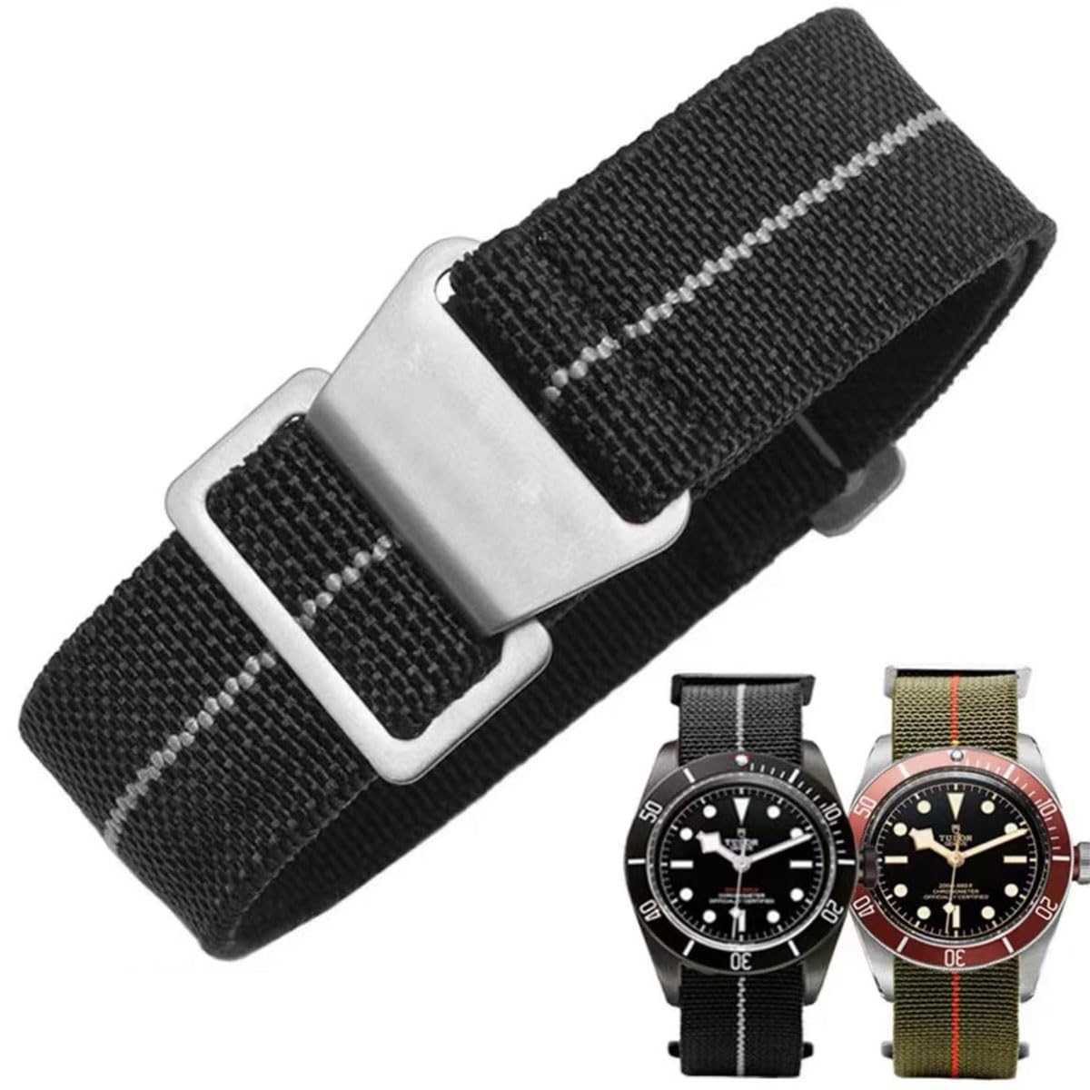 Danxancy French Troops Paratrooper Watchband,Military Elastic Nylon Watch Strap with Hook-and-Loop for Men Women Silver & Black Buckle 18/20/22mm