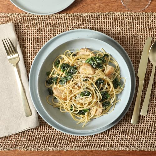 Image of Gibson Elite Overbrook 16-Piece Pottery Clay Stoneware Dinnerware Set - Light Blue Reactive Glaze, Stackable Plates and Bowls w /Pasta Bowl, Service for 4 - Microwave & Dishwasher Safe