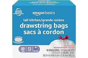 Amazon Basics Force Flex Tall Kitchen Drawstring Trash Bags: Lavender Scented, 13 Gallon, 80 Count
