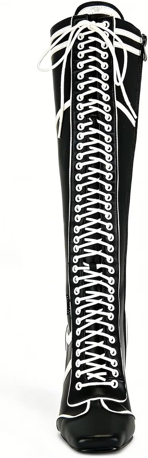 Elegant Black White Lace Up High Heel Knee High Boots
