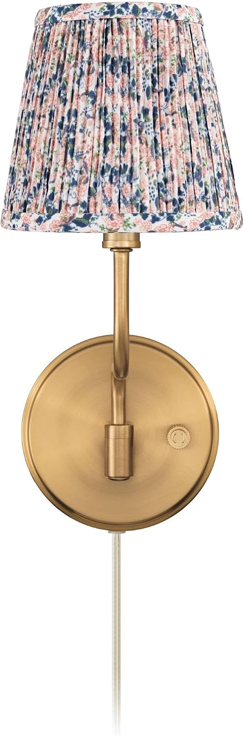 Possini Euro Design Emma 9 1/2" H Warm Brass Plug-in Cottage Core Wall Sconce Blue Pink Floral Shade