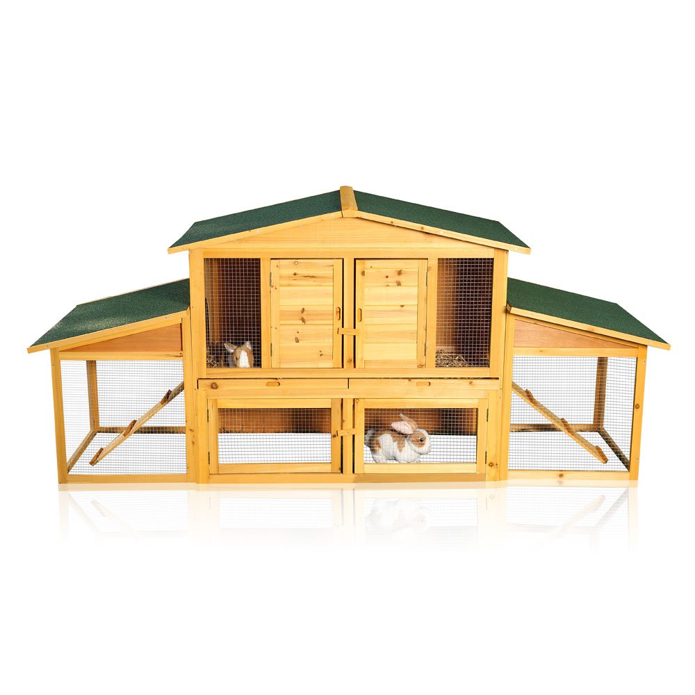 Melko® - Conigliera XXL per piccolo animale domestico con recinto, ca.215 x 73 x 100 cm, in legno, incl.2 rampe + 2 cassetti