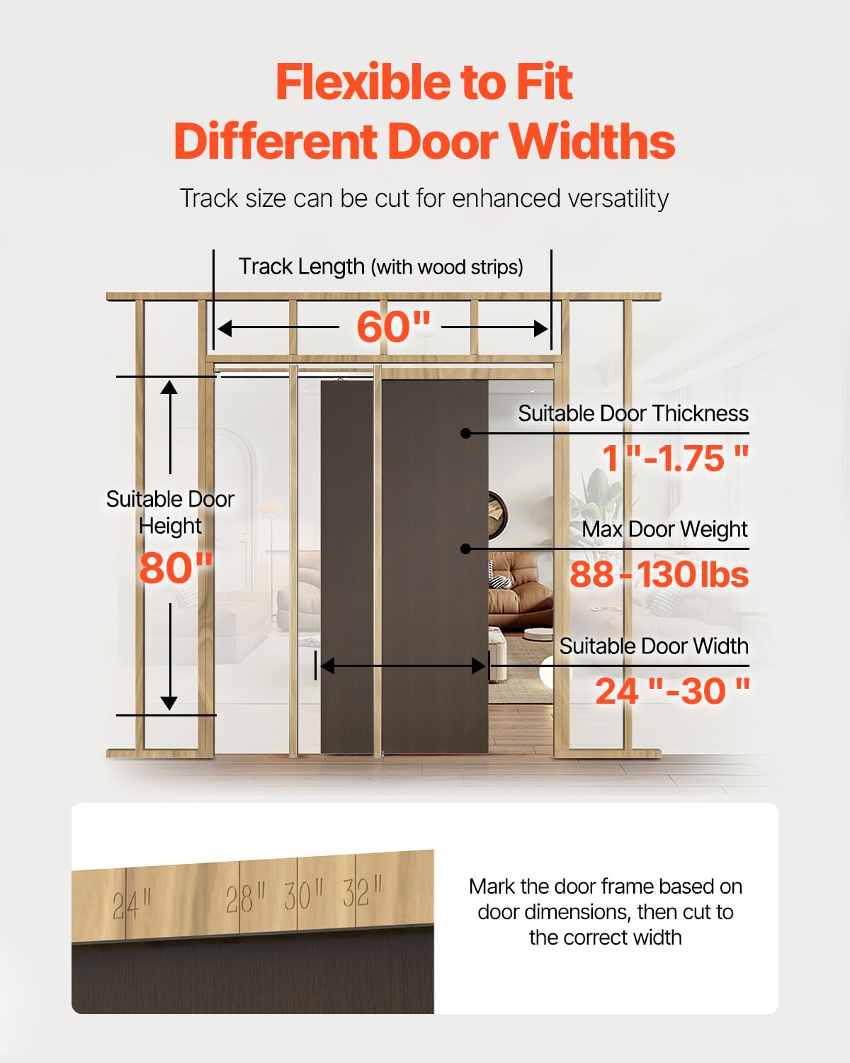 VEVOR Kit de Marco para Puerta Corrediza de Madera y Acero Galvanizado para Puertas de 610-762 mm de Ancho y 2032 mm de Alto con Mecanismo de Cierre suave Bidireccional para Sala de Estar, Oficina