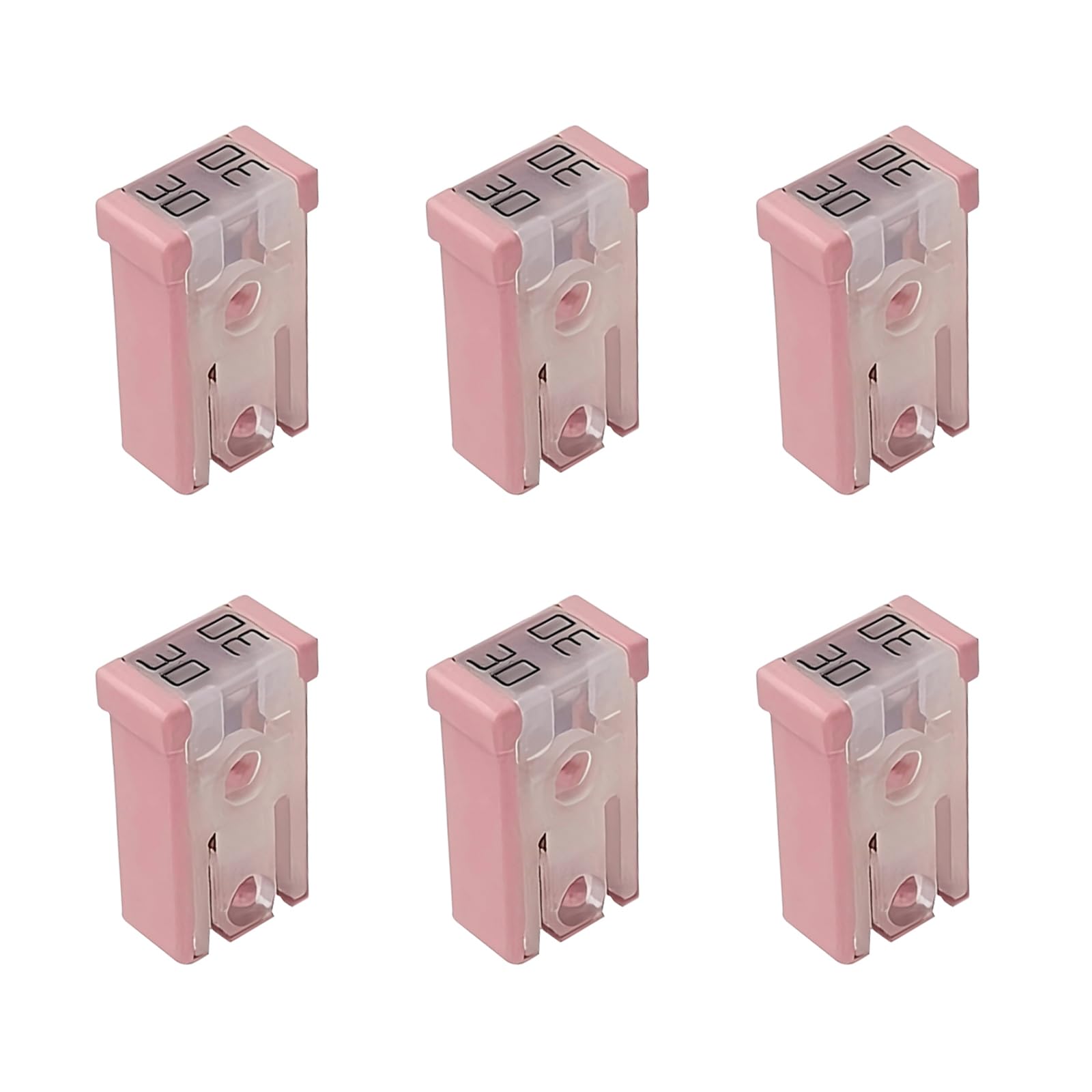 6PCS 30A Car Mini Fuses, Auto Slotted MCASE Shaped Cartridge Fuse Kit, 32V Micro Type Low-Profile Square Car Fuse Assortment Kit Replacement, Universal for Most Cars Trucks SUVs(Pink)