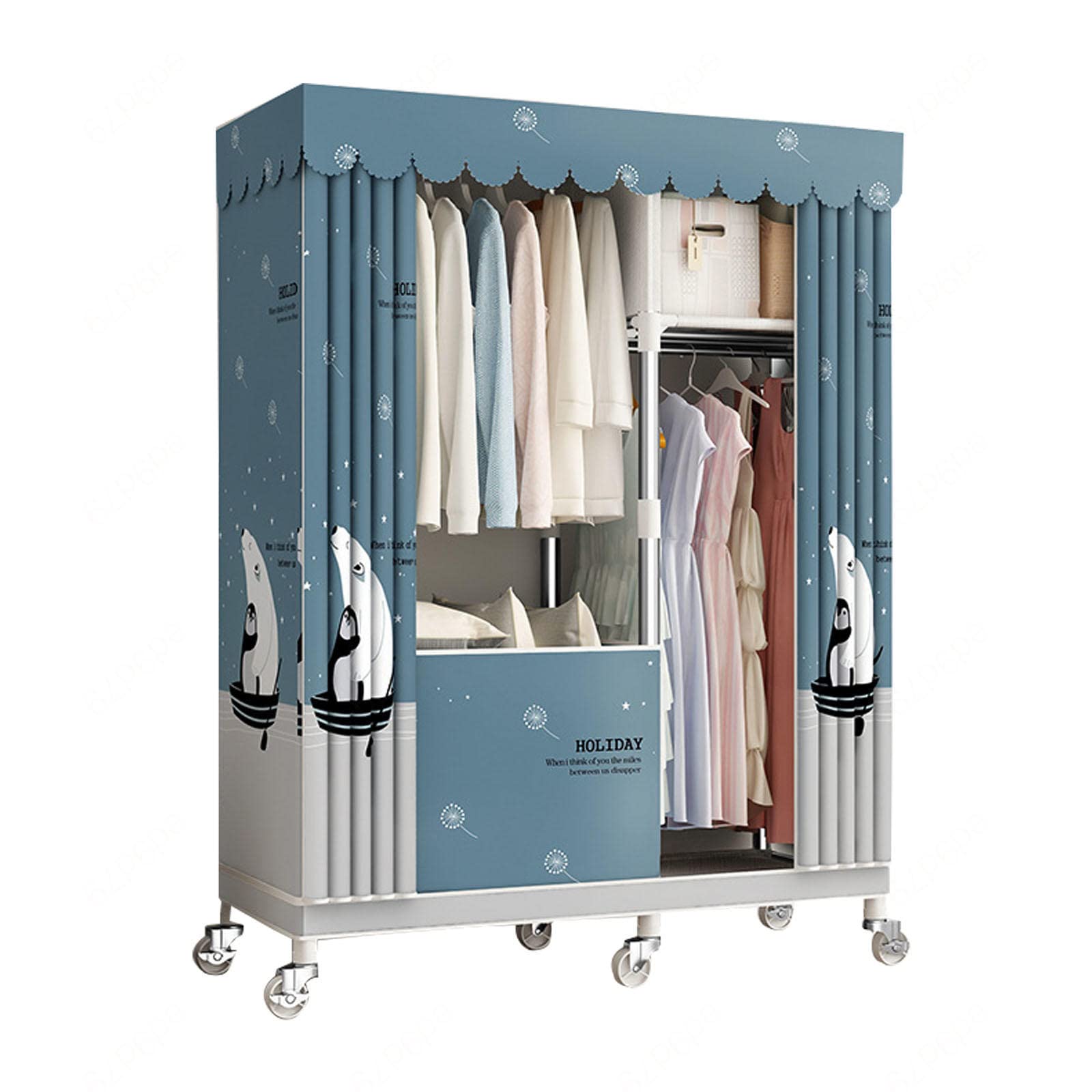 Armario de lona portátil de 102cm con barra para colgar ropa en dormitorio