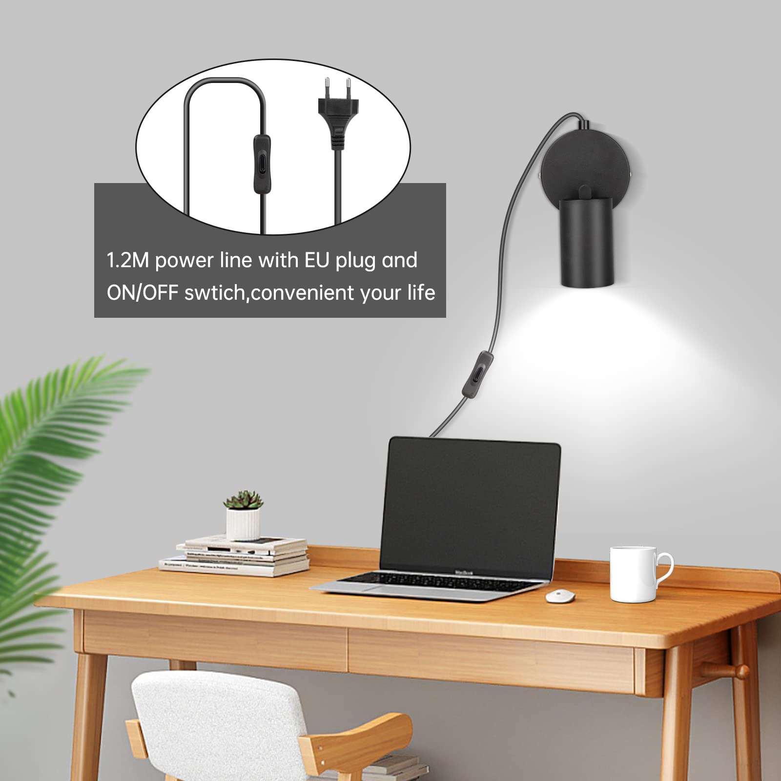 TaFiCo 2 stuks wandlamp met stekker en schakelaar, GU10 wandlamp met stekker, binnen, zwart, led-wandspots, vintage wandspot, draaibaar, 350 graden, voor woonkamer, slaapkamer, kantoor, zonder