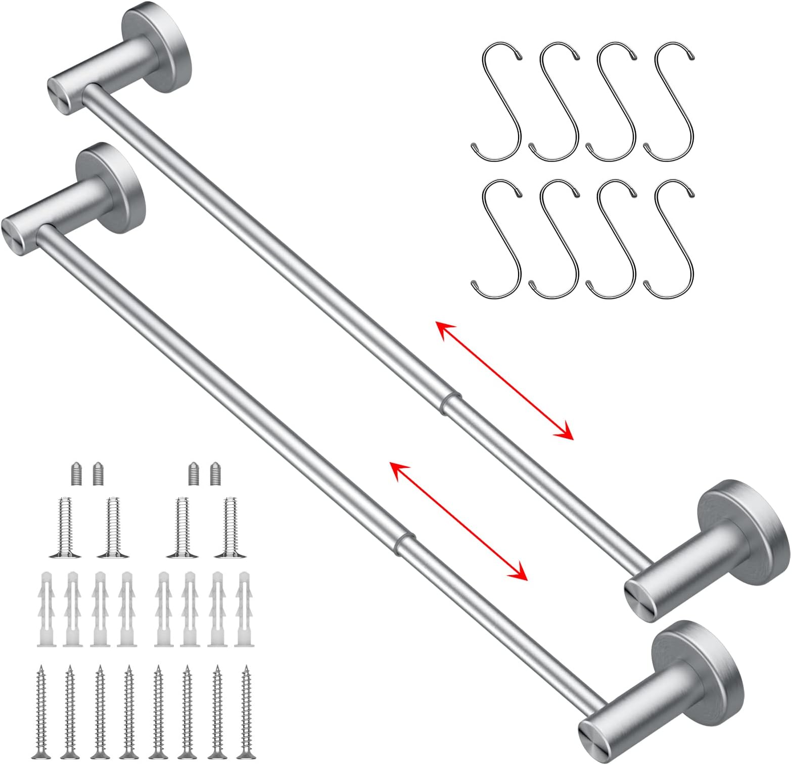 2 Pack Adjustable 16 to 27.6 Inch Single Towel Bar, iMomwee Satin Brushed Nickel Finished SUS304 Stainless Steel Bathroom Towel Holder, Wall Mount Towel Rail Hanger for Kitchen Washroom (1" Diameter)
